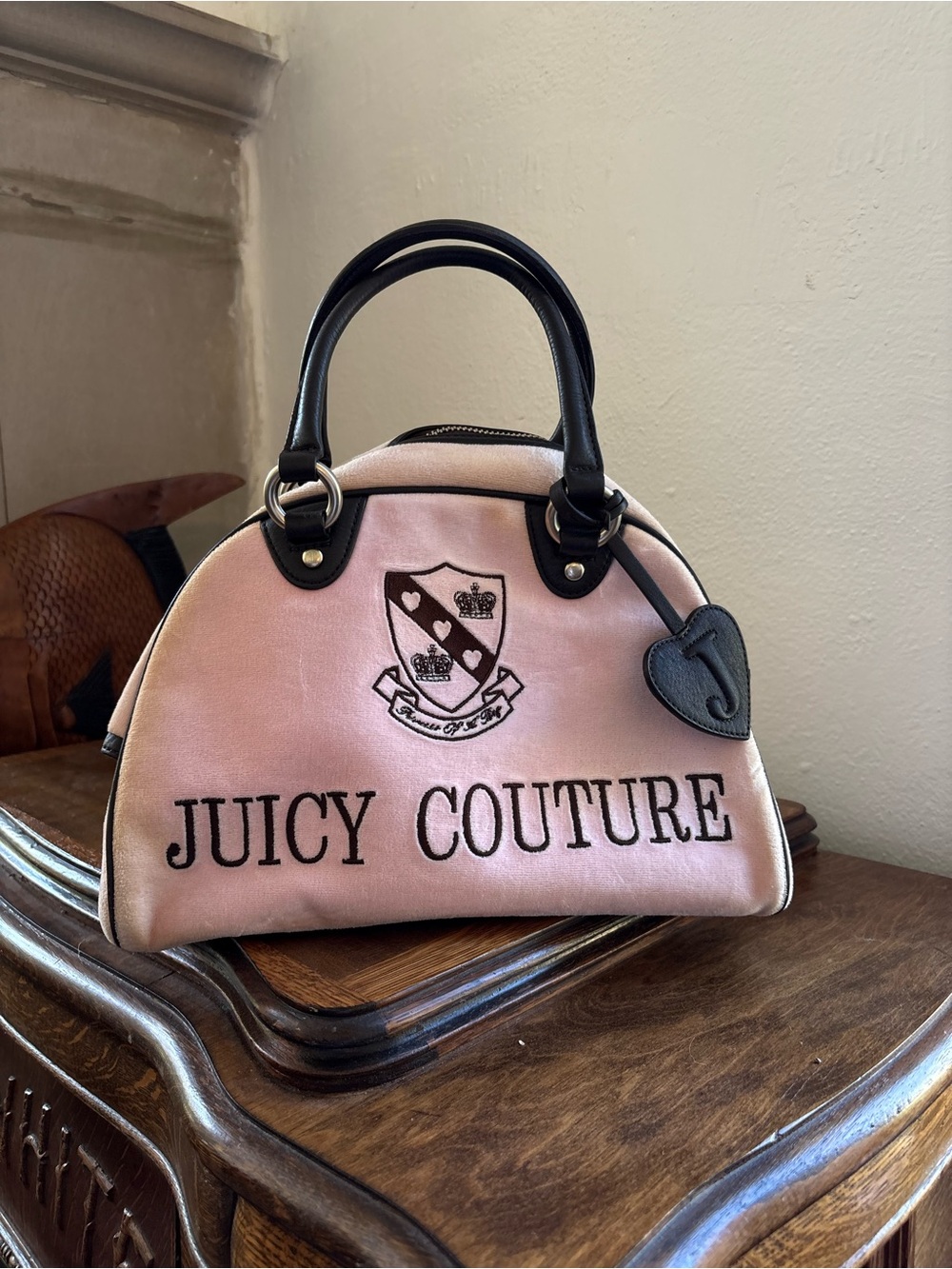 Juicy Couture Pink Velvet Shoulder Satchel with Black Trim